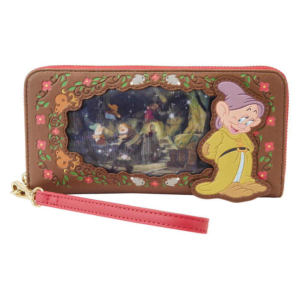 Brown zip around wallet featuring Dopey looking over at a lenticular scene behind him. 
